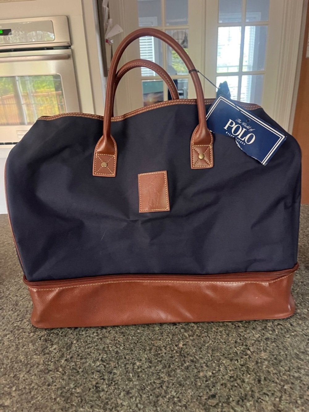 Polo by Ralph Lauren Navy and Brown Leather Trim Duffel Bag